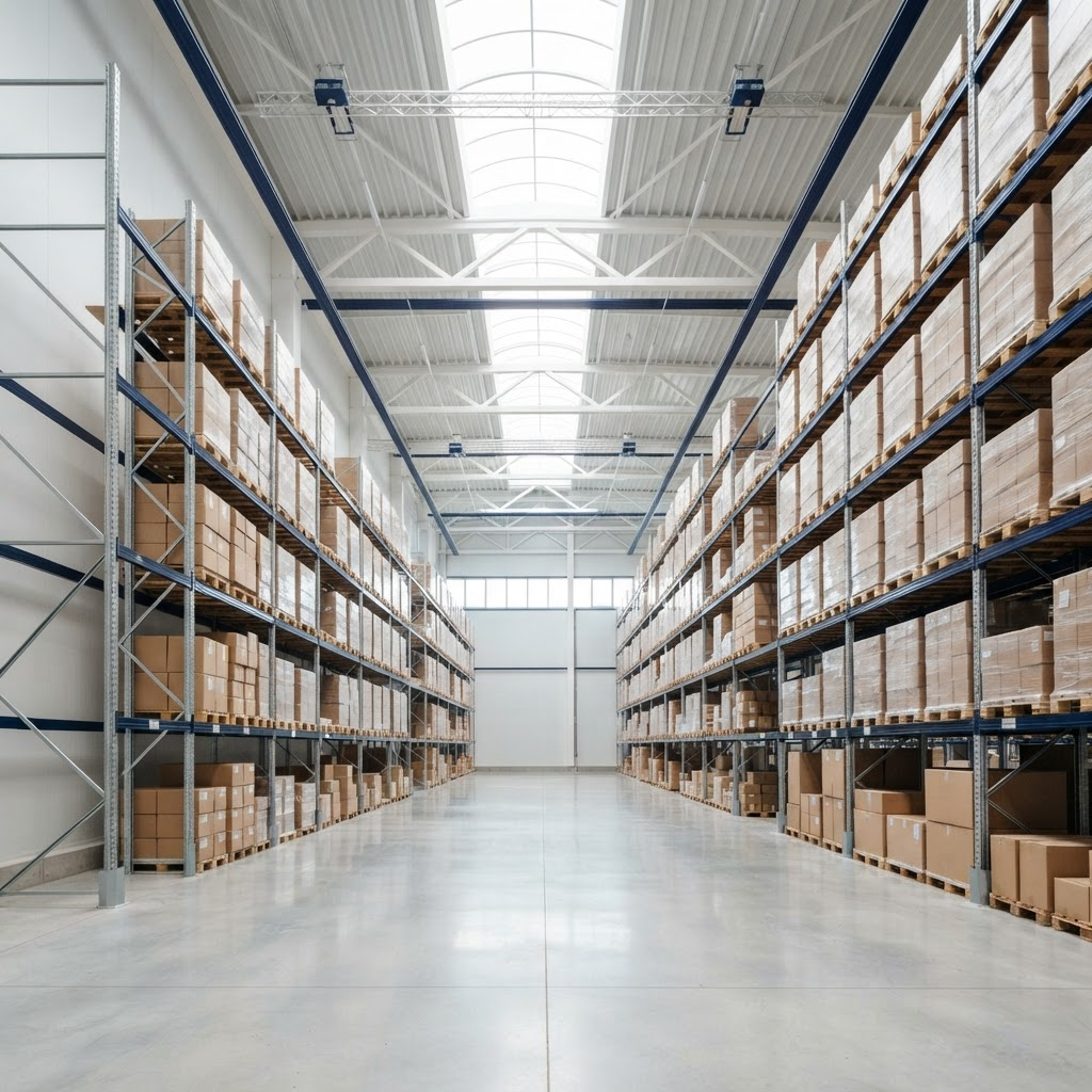 Interior of a bright, organized Netivo Logistics warehouse with stacked pallets