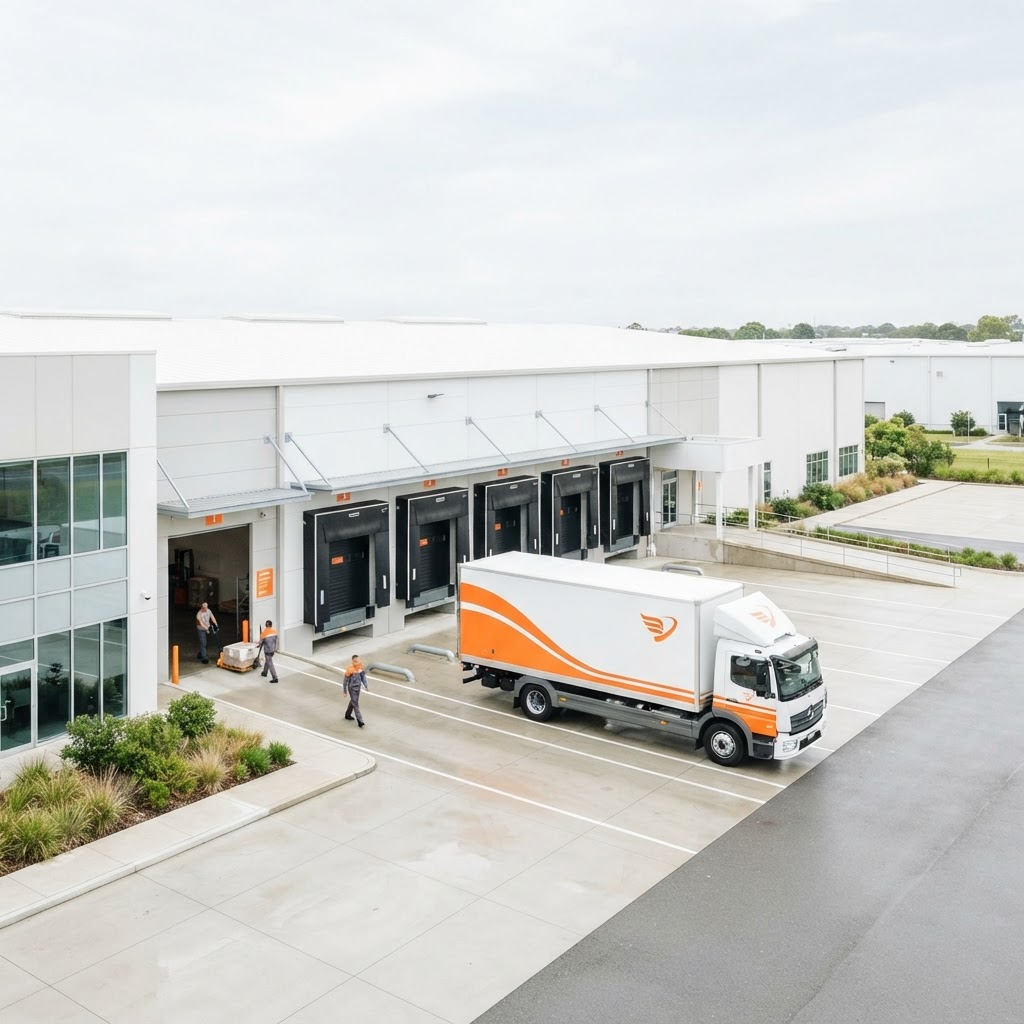 Netivo Logistics delivery truck at a modern distribution center in bright daylight